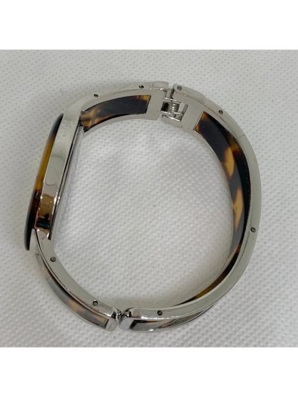 Narmi silver tone Tortoise shell cuff bracelet watch mop dial 28mm 6.5” running